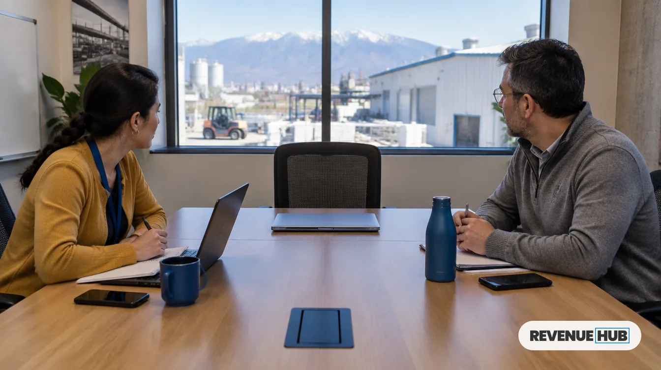 Dos profesionales miran la silla vacía en la cabecera de una mesa de reunión: sponsor ausente al implementar HubSpot