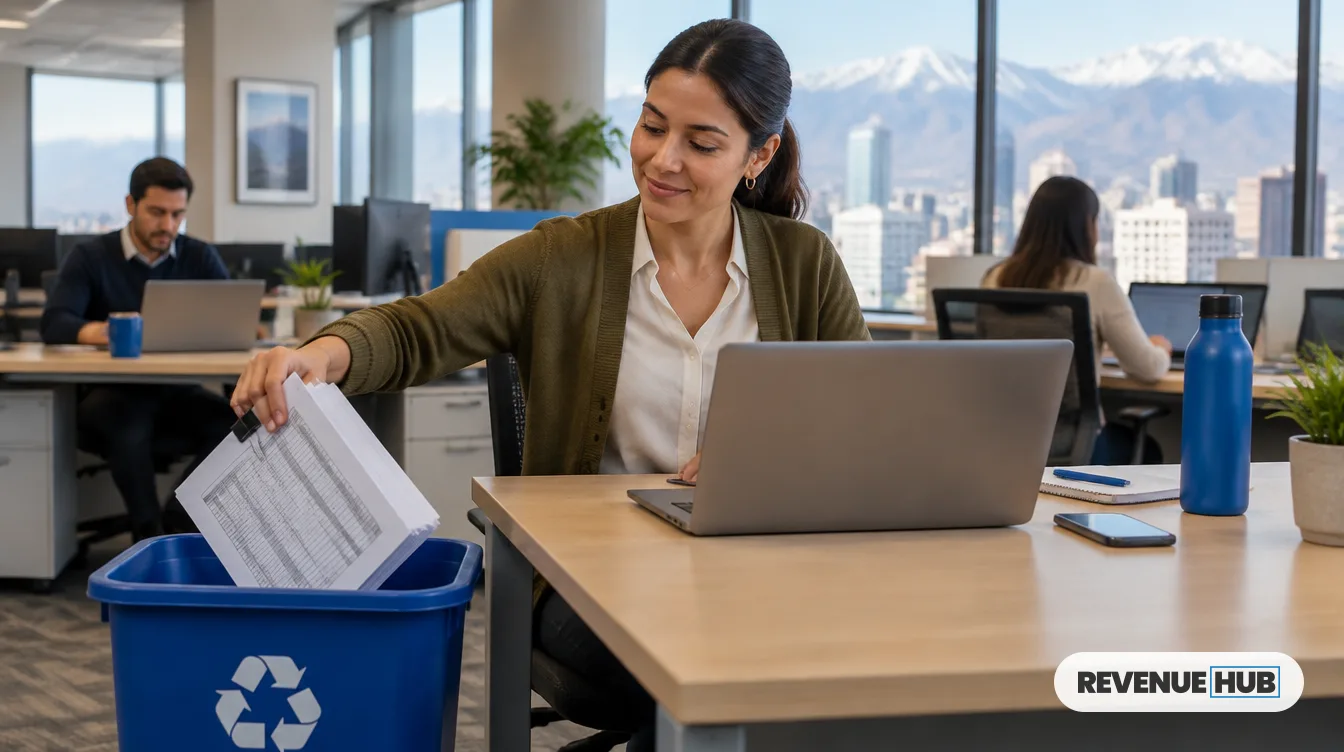 Vendedora deja un fajo de planillas impresas en un basurero de reciclaje junto a su escritorio: pasar de Excel a HubSpot
