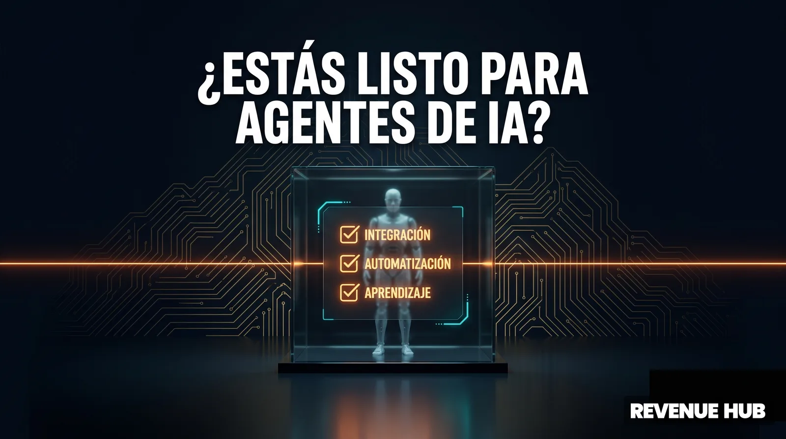 Checklist holográfico frente a un robot translúcido, AI enablement antes de agentes de IA en el CRM