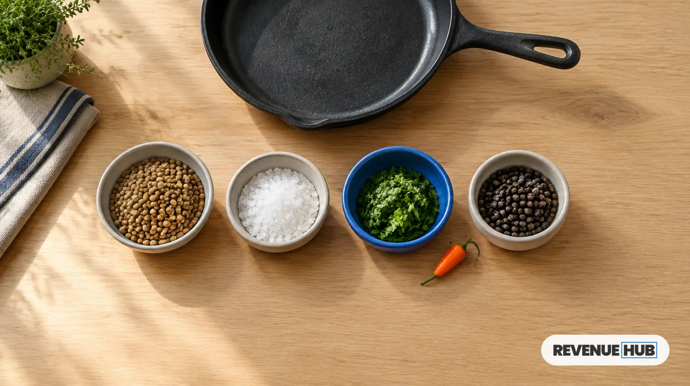 Pocillos de cerámica con ingredientes medidos, uno azul, junto a una sartén vacía: preparar el CRM antes de los agentes