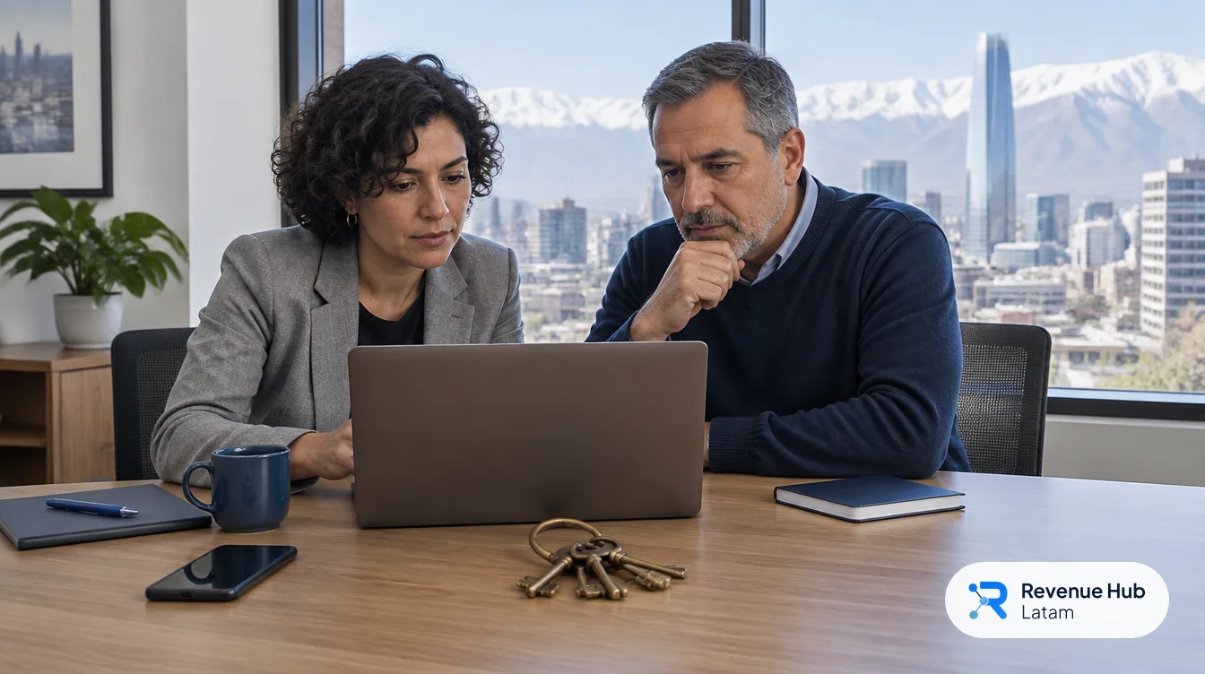 Gerente general y líder de TI revisan un laptop junto a un llavero con llaves antiguas: integraciones y tokens de HubSpot