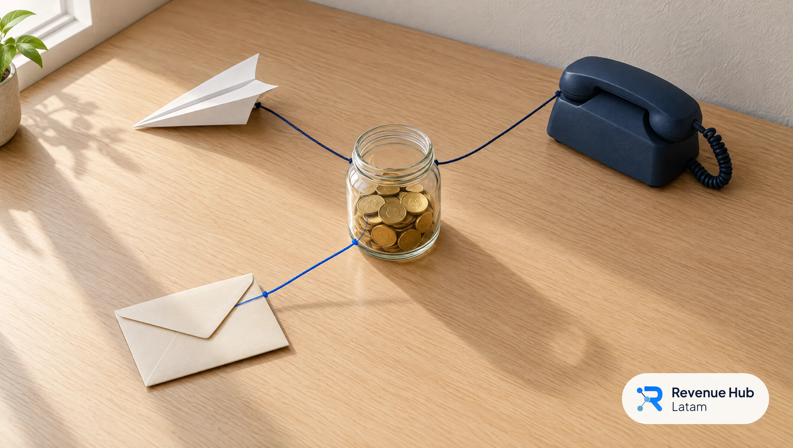Frasco con monedas en un escritorio, unido con hilos a un avión de papel, un sobre y un teléfono