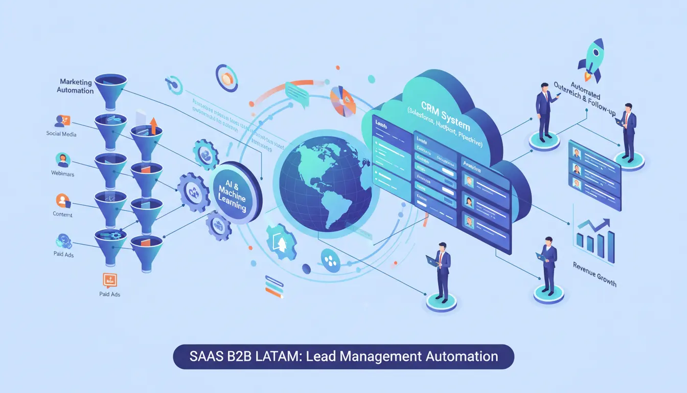 Representación visual de la automatización de la gestión de leads en empresas SaaS B2B en Latinoamérica, integrando HubSpot.