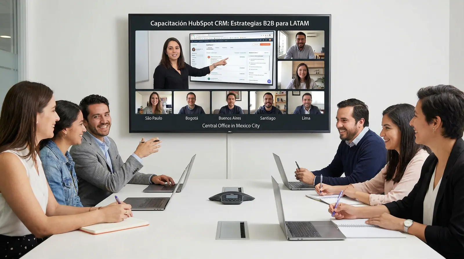 Representación visual de un equipo de ventas B2B distribuido en Latinoamérica recibiendo capacitación en HubSpot CRM de forma