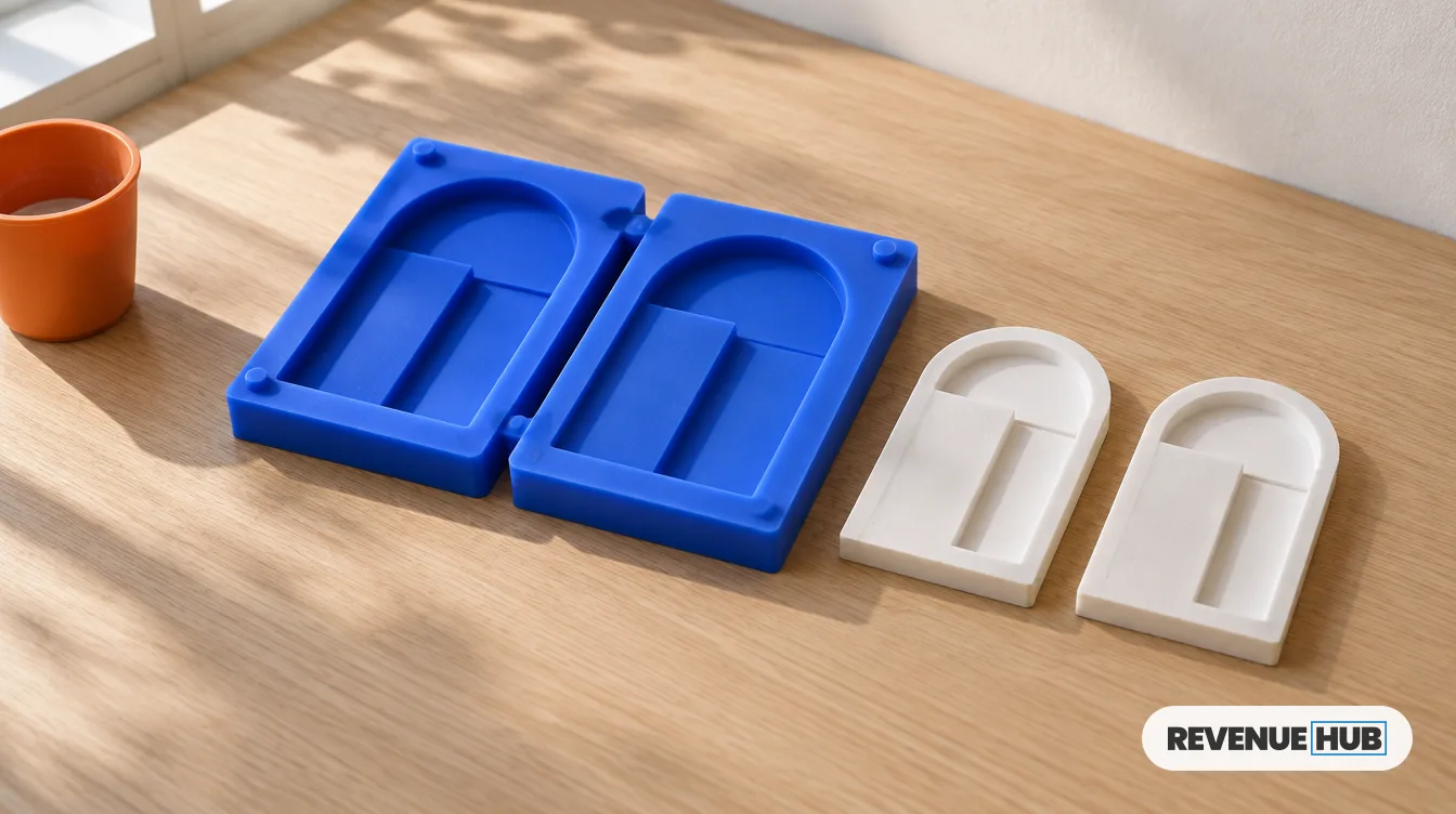 Open blue silicone mold beside two identical plaster casts: cloning HubSpot workflows and properties between portals