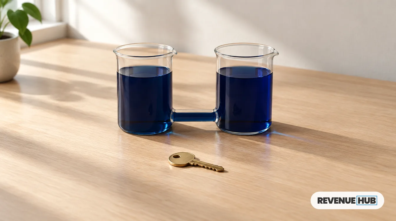 Dos vasos de vidrio unidos por un tubo con el mismo nivel de líquido y una llave: conectar HubSpot con Power BI
