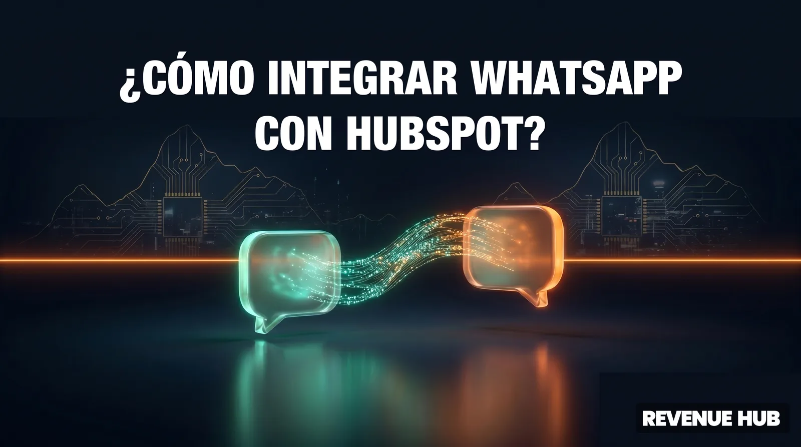 Dos burbujas de chat conectadas por un puente de datos, integración de WhatsApp con HubSpot para ventas B2B