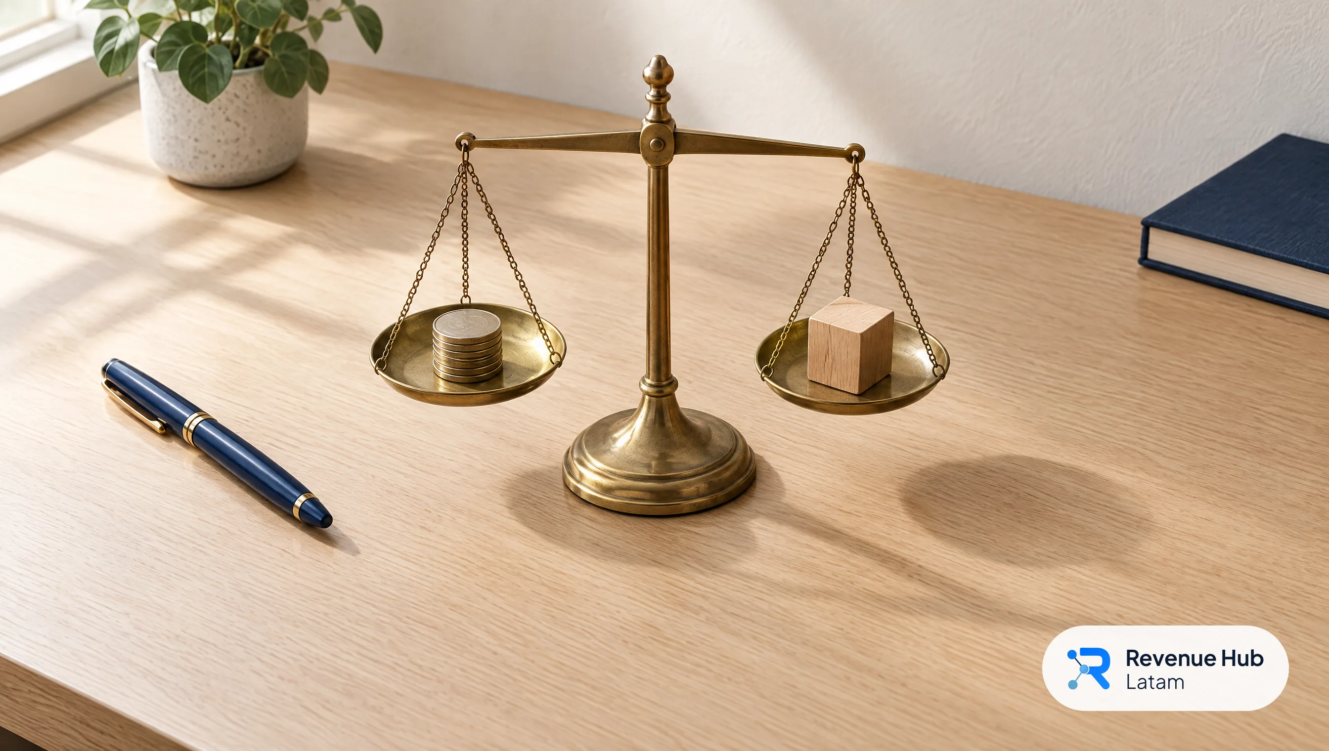 Escritorio de roble con una balanza equilibrada entre monedas y un bloque de madera, junto a una pluma