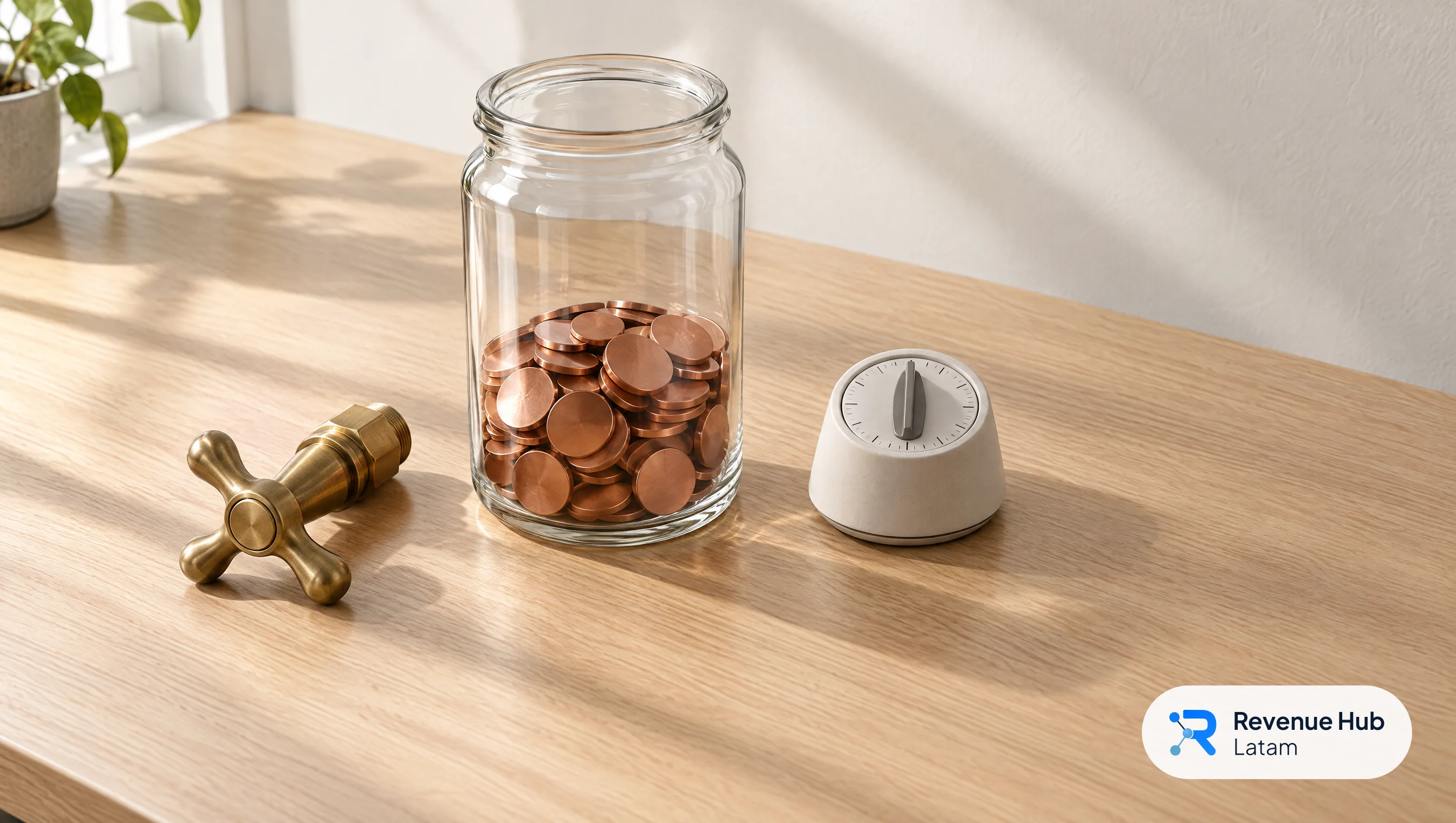 Frasco de vidrio con fichas de cobre a un tercio, una llave de paso y un temporizador sobre un escritorio de roble