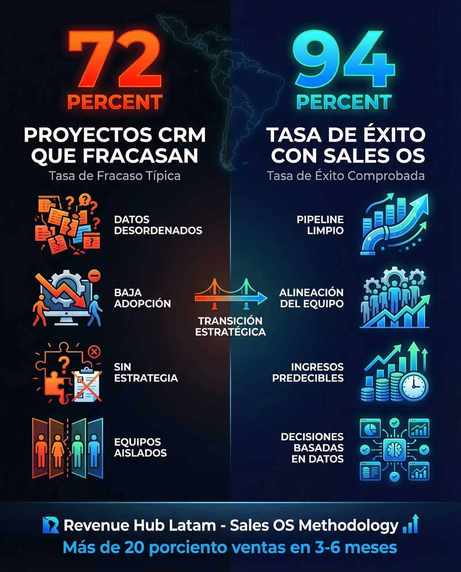 Gráfico de éxito y fracaso de proyectos CRM B2B en Latinoamérica, destacando la metodología de Revenue Hub para escalar.