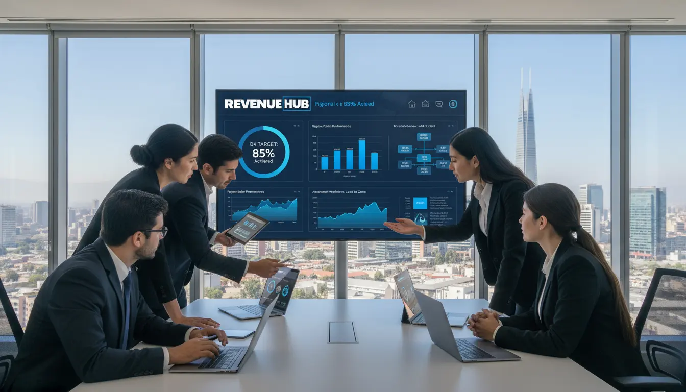 Representación visual de la implementación exitosa de HubSpot en empresas B2B chilenas, con gráficos de crecimiento y el logo