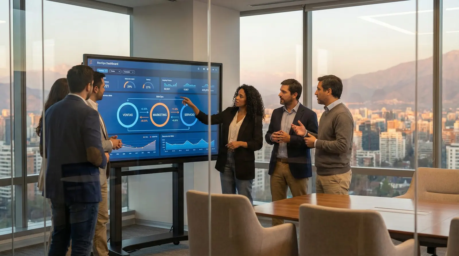 Líderes comerciales analizando estrategias de RevOps y alineación de ventas, marketing y servicio en empresas B2B de Latam.