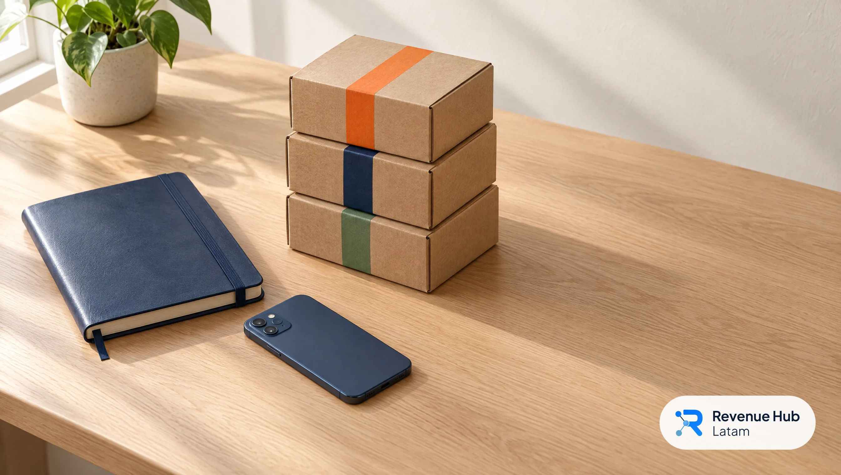 Tres cajas de despacho con cintas de colores, una libreta de cuero y un celular boca abajo sobre un escritorio de roble