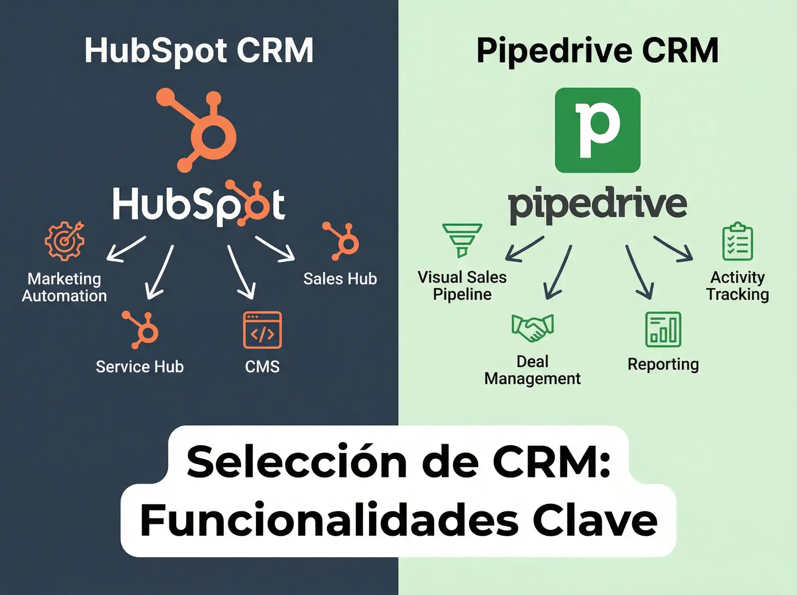 Comparativa visual entre los logos de HubSpot y Pipedrive, destacando sus funcionalidades clave para la selección de un CRM