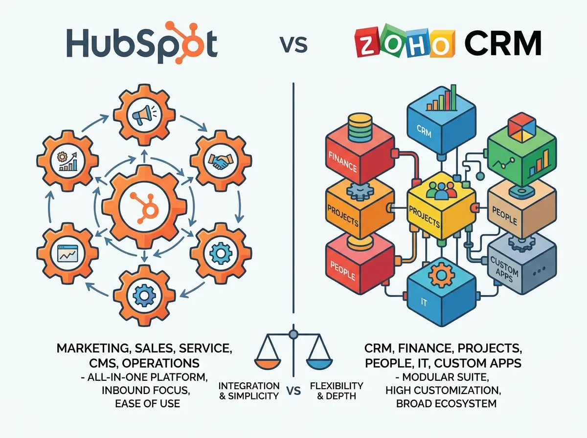 Ideograma conceptual entre HubSpot y Zoho CRM, destacando sus diferencias en funcionalidades