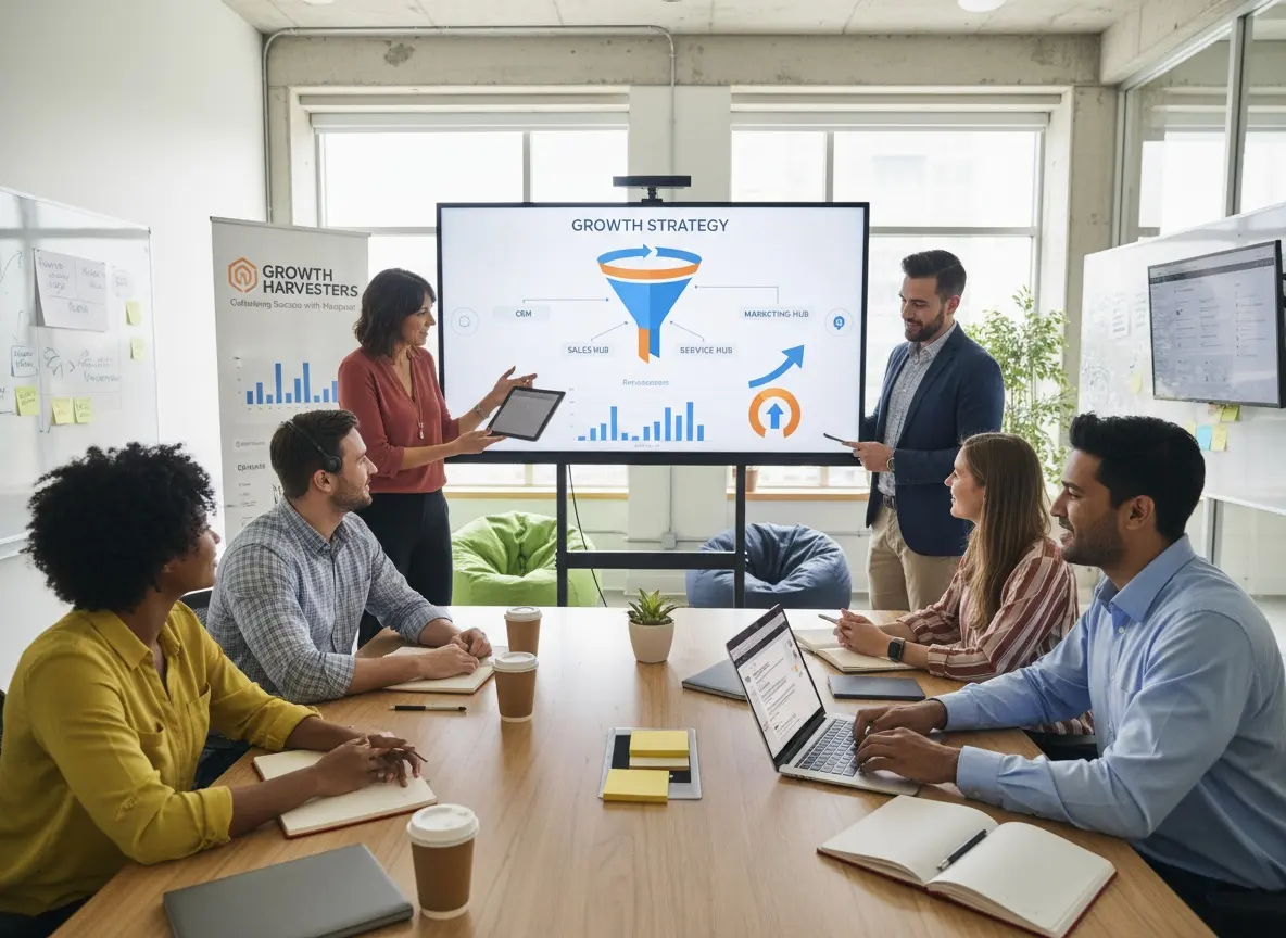 Representación visual del proceso de implementación exitosa de HubSpot en una empresa, con engranajes y personas colaborando.