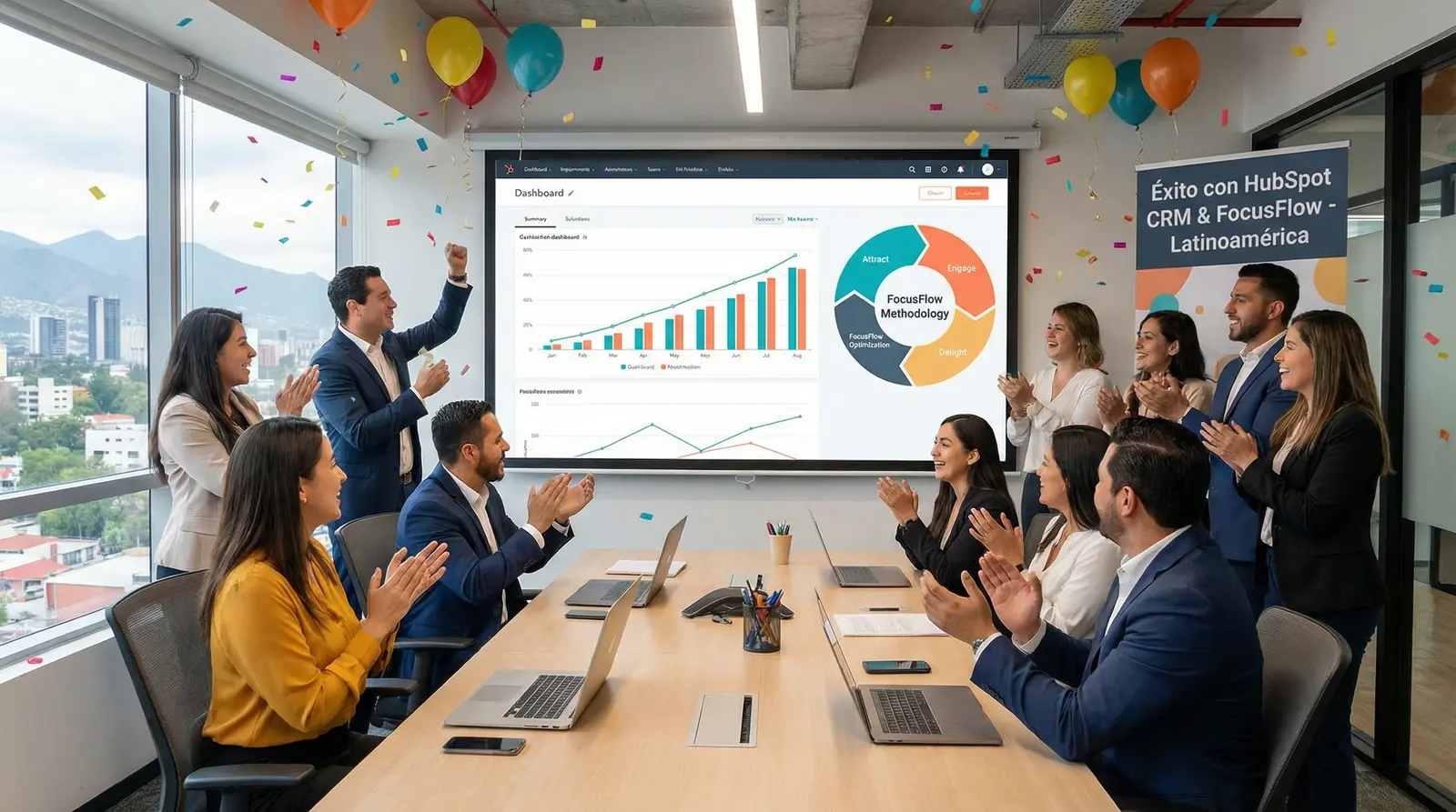 Representación visual de la implementación exitosa de HubSpot CRM en empresas B2B de Latinoamérica, destacando la metodología