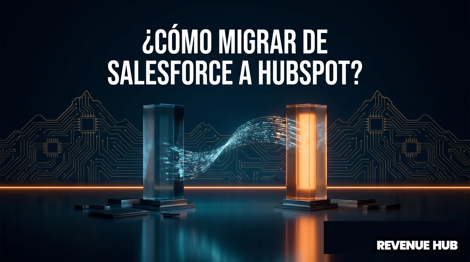 Datos fluyendo entre dos monolitos de vidrio, migración de Salesforce a HubSpot en Chile y LATAM