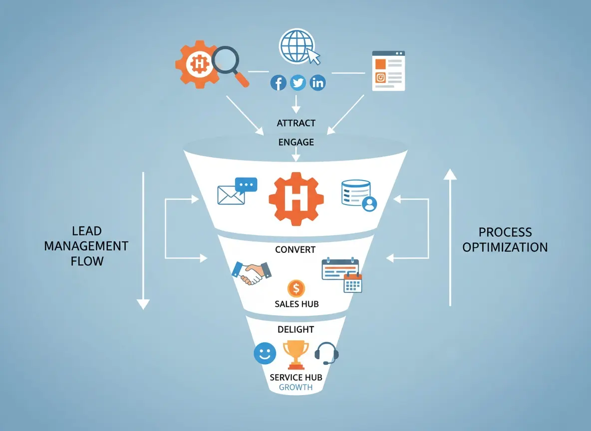 Ilustración de un embudo de ventas con iconos de HubSpot, mostrando el flujo de gestión de leads y la optimización de proceso