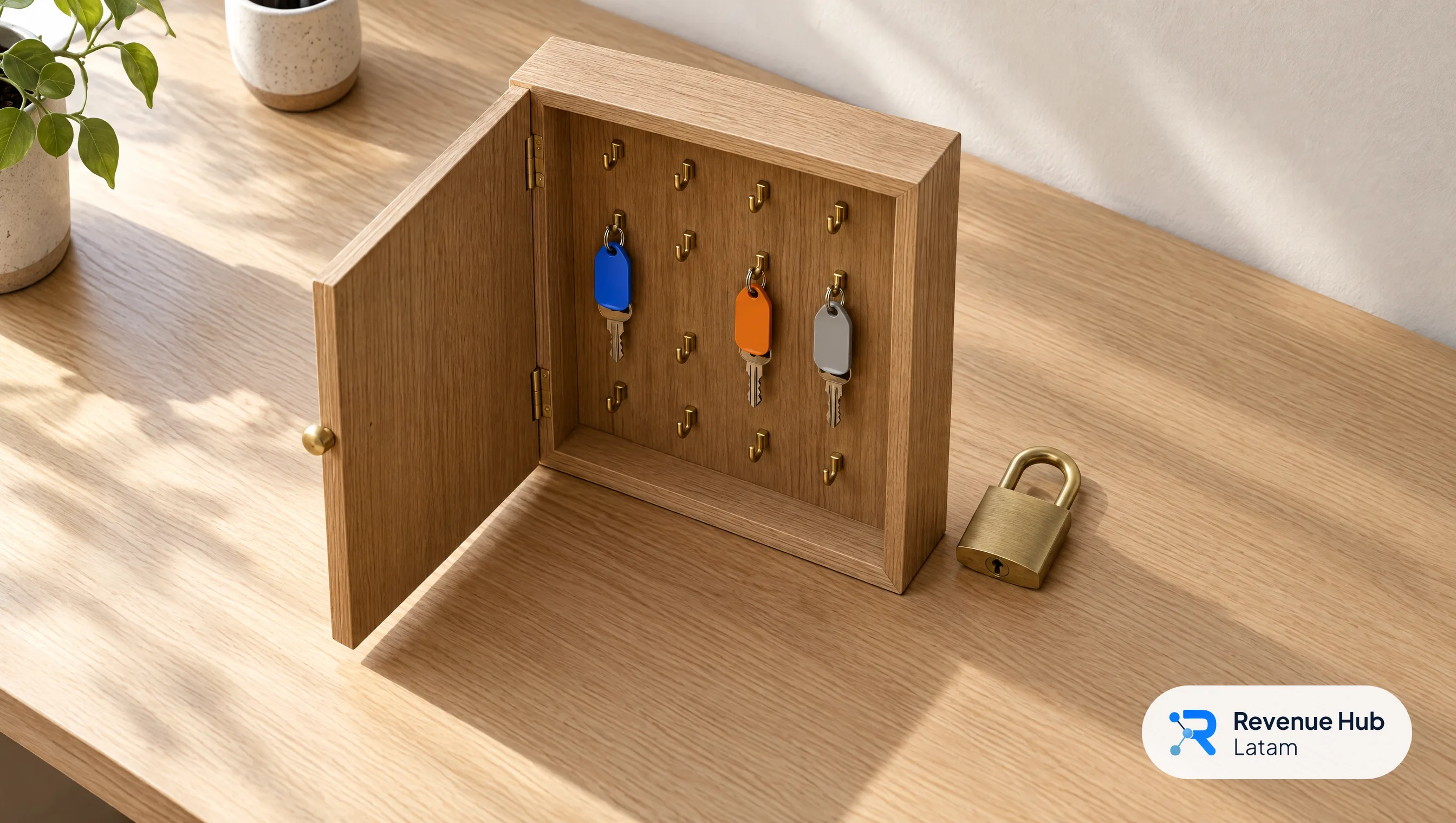 Gabinete de llaves abierto con tres llaves de colores y un candado sobre un escritorio de roble, sobre permisos en HubSpot