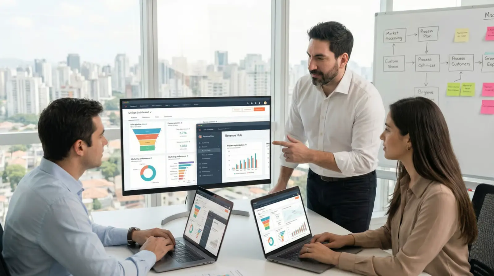 Equipo B2B analizando dashboards de HubSpot y optimizando procesos de ventas y marketing con Revenue Hub en Latinoamérica.