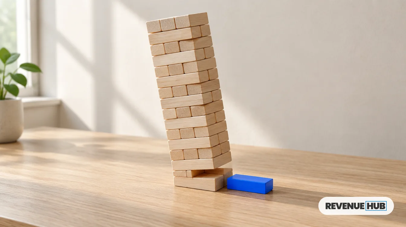 Torre de bloques de madera inclinada con un bloque azul fuera de su base: por qué falla HubSpot después del go-live