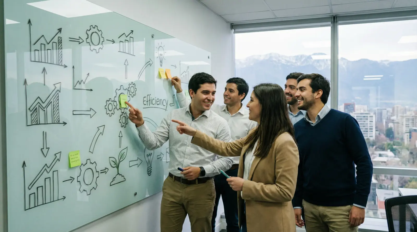 Personas colaborando en un diagrama de flujo de procesos comerciales, simbolizando eficiencia y crecimiento B2B con Revenue I