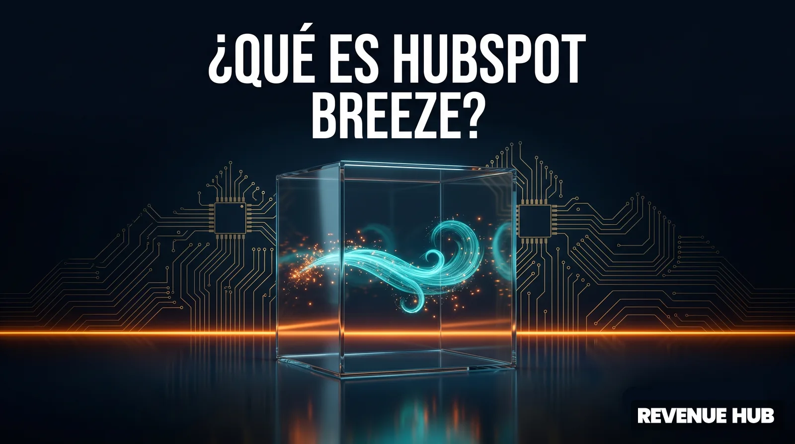 Partículas de viento teal atravesando un cubo de vidrio, HubSpot Breeze e inteligencia artificial