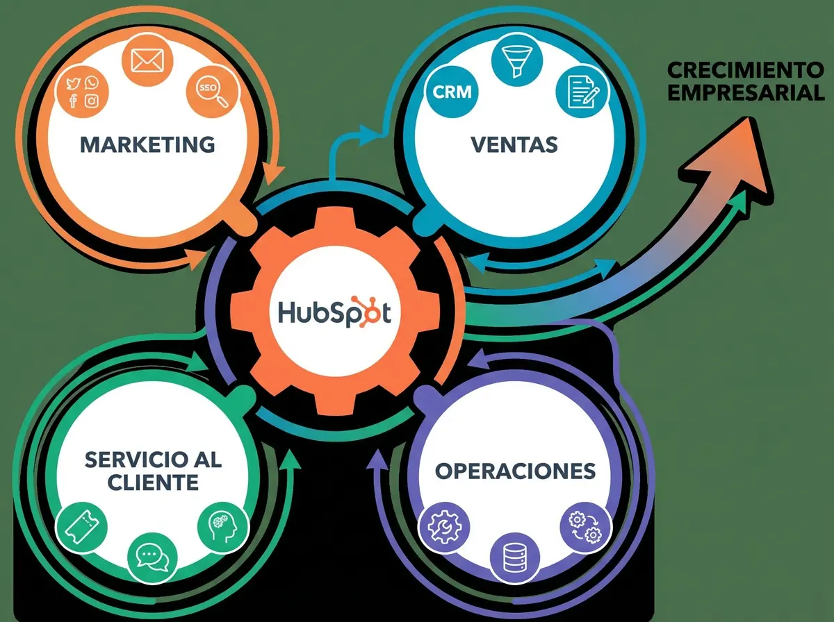 Ilustración de la plataforma HubSpot conectando marketing, ventas, servicio al cliente y operaciones para el crecimiento empr
