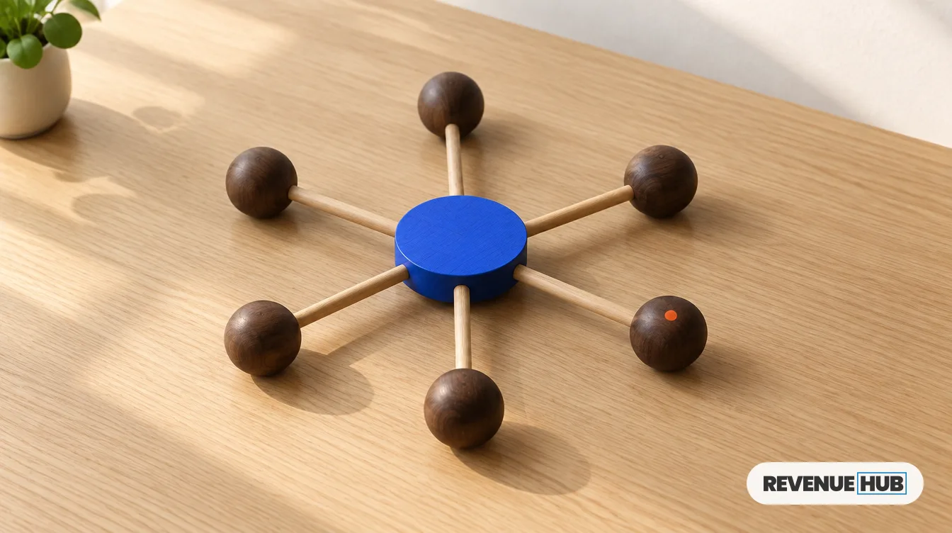 Núcleo de madera azul unido con varillas a seis esferas de nogal: qué es HubSpot y cómo conecta a cada equipo B2B