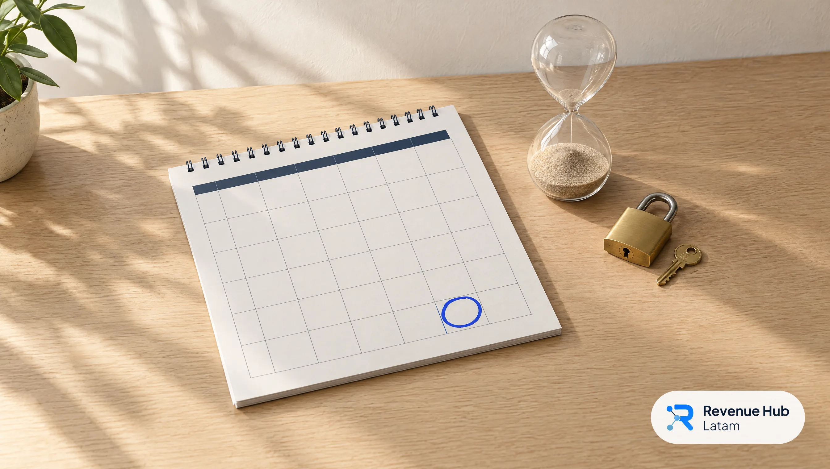 Calendario con un día marcado en azul, un reloj de arena y un candado con su llave sobre un escritorio de roble