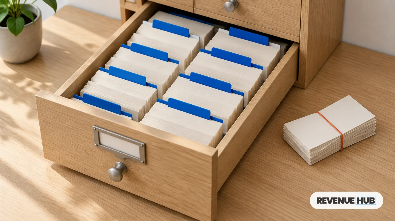Cajón de fichero de madera con fichas en blanco y separadores azules: arquitectura de datos CRM en HubSpot para B2B