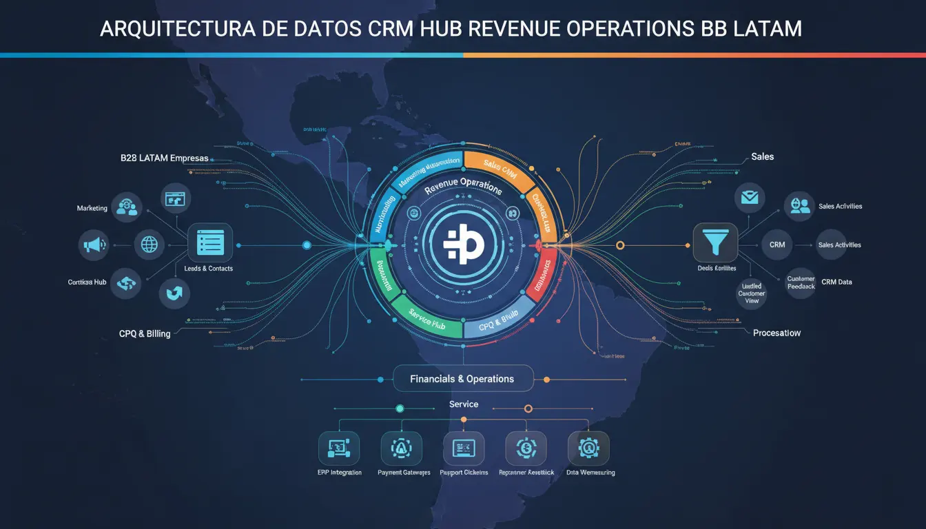 Diagrama de arquitectura de datos CRM en HubSpot, mostrando la interconexión para Revenue Operations en empresas B2B LATAM.