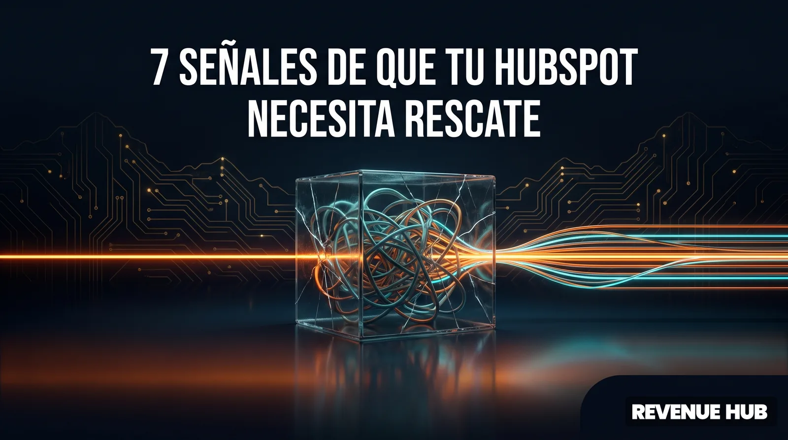 Cubo de vidrio agrietado con cables enredados ordenándose, portal HubSpot que necesita rescate
