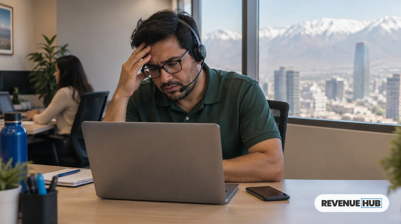 Administrador de HubSpot en una llamada de soporte, con gesto de cansancio frente a su laptop: qué cubre el soporte oficial