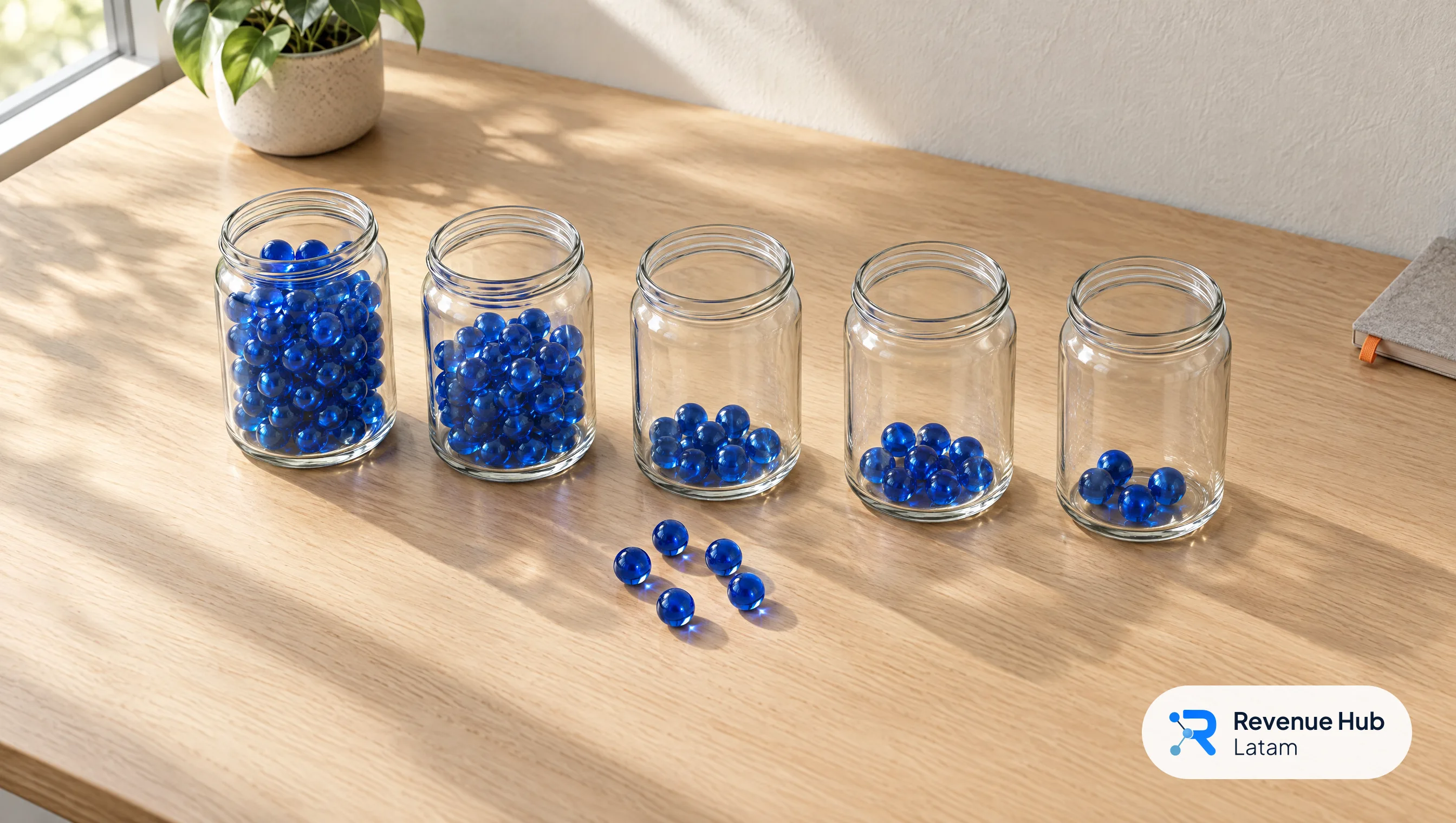 Cinco frascos de vidrio con cada vez menos bolitas azules sobre un escritorio de roble, como la conversión entre etapas
