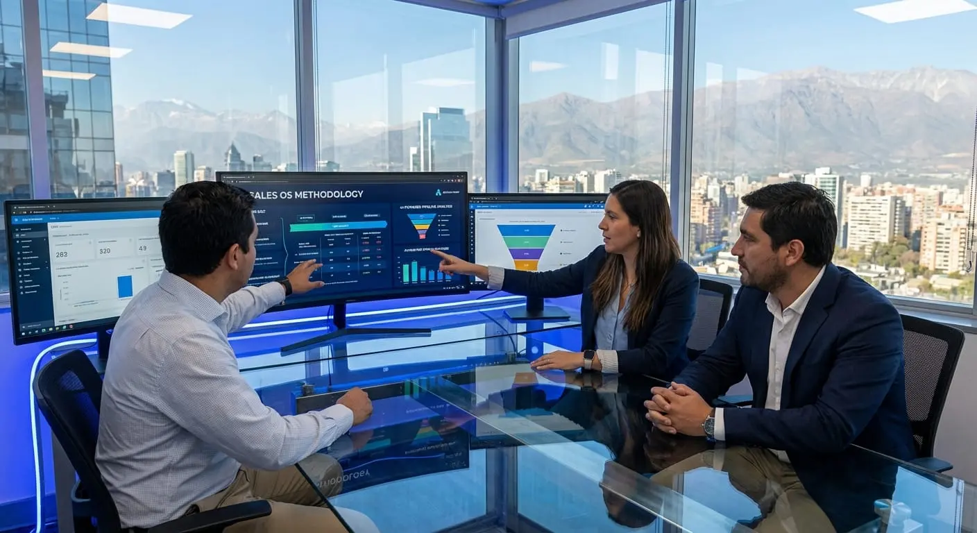 Profesionales B2B analizando procesos de ventas con inteligencia artificial y la metodología Sales OS en Chile.